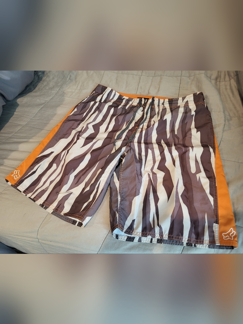 Y2K Fox Racing Brown & White Board Shorts with Orange Accent Size 36